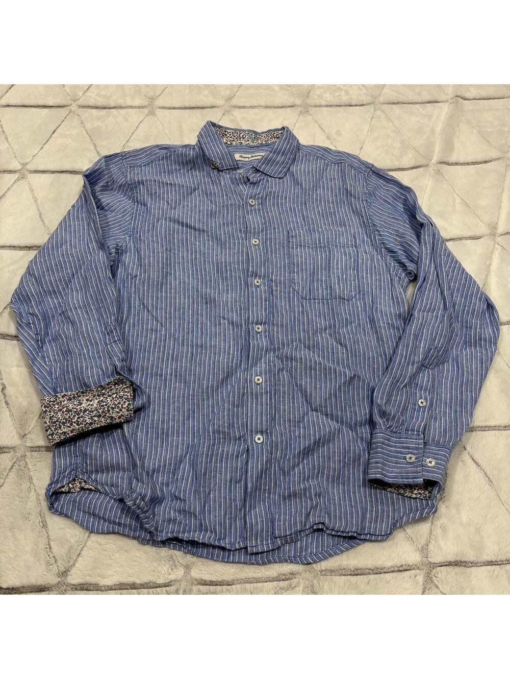 Tommy Bahama Beach Men's Medium Blue Striped Linen Casual Button-Up Shirt